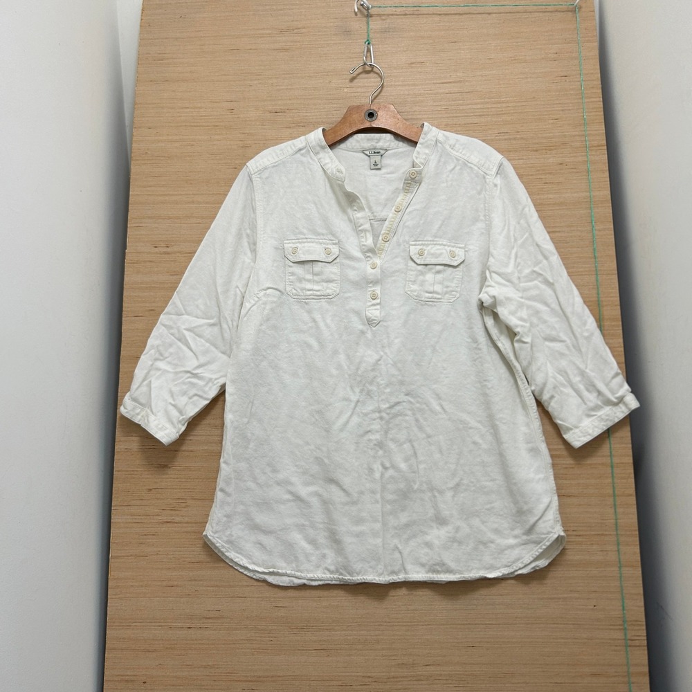 LL Bean Womens Cream Henley Tunic Top 3/4 Sleeve Smocked Back Large 7055